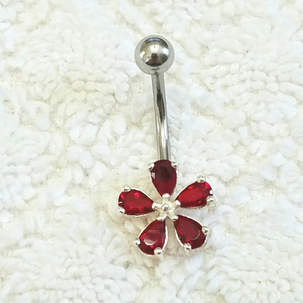 925 SS Stamped Red Flower CZ Navel Ring